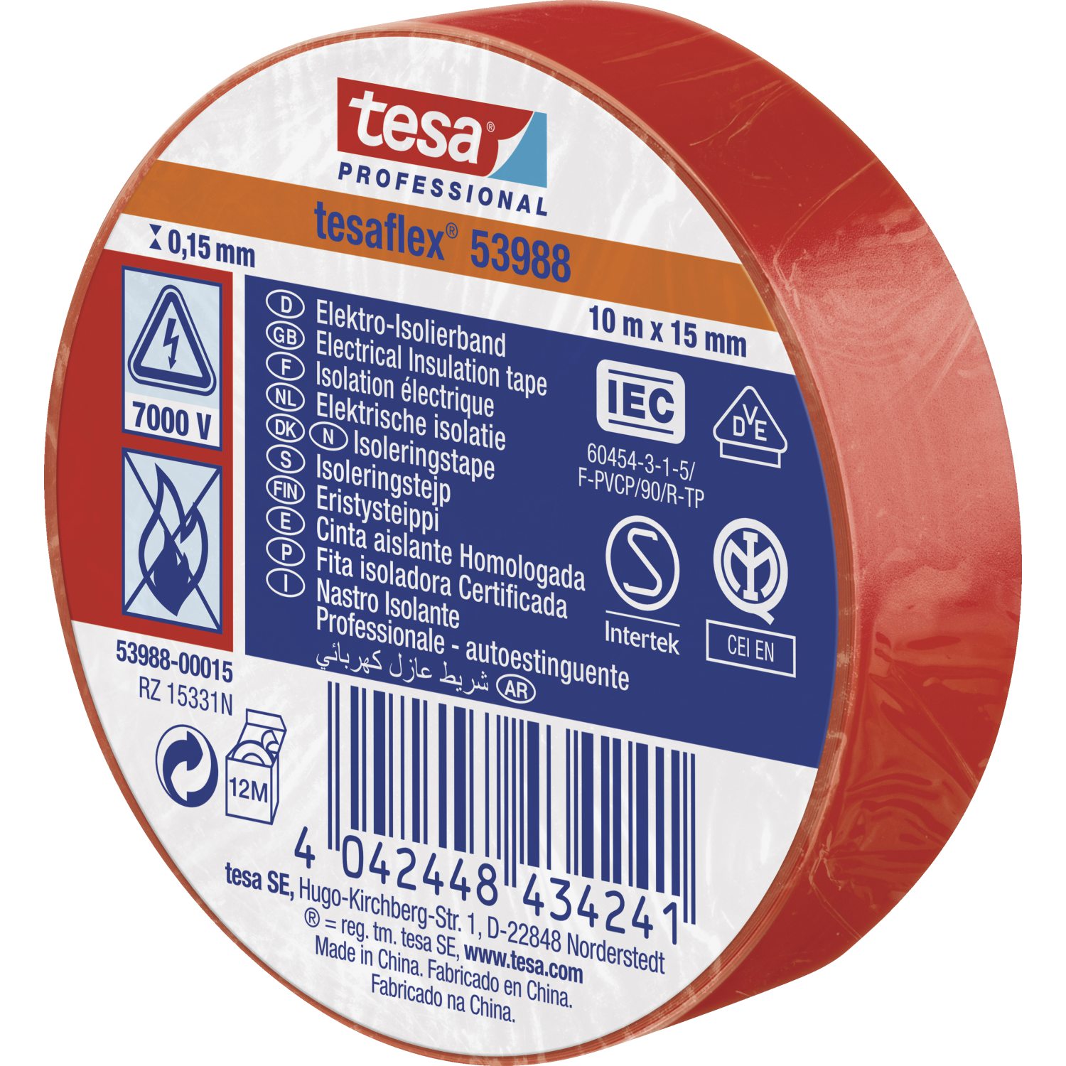 Tesa Isoleringstape tesaflex 53988 i rød 10 m x 15 mm