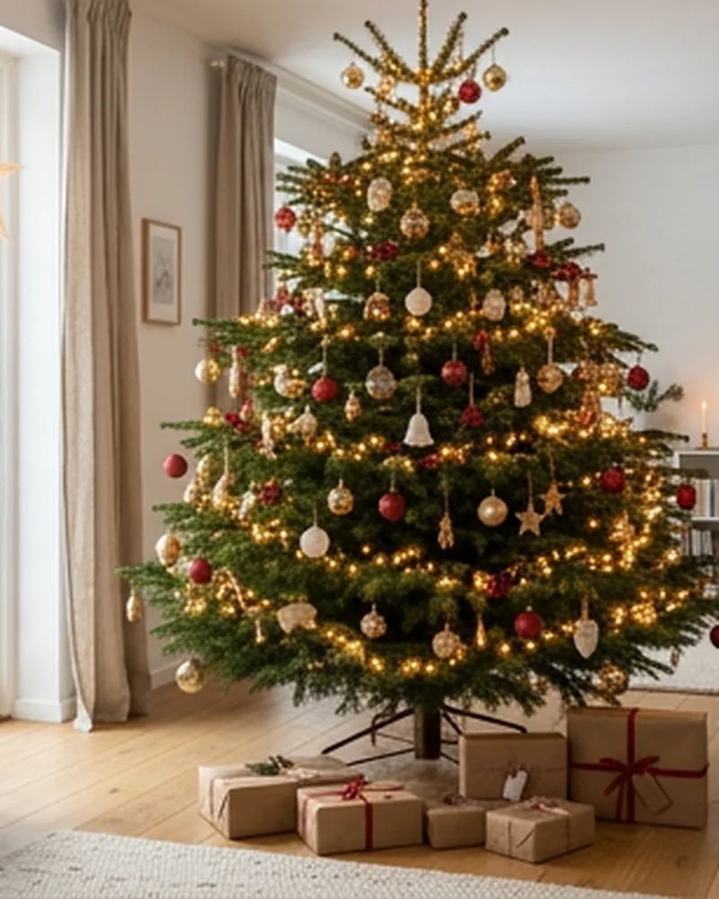 Pyntet juletræ med lyskæde og gaver i stuen
