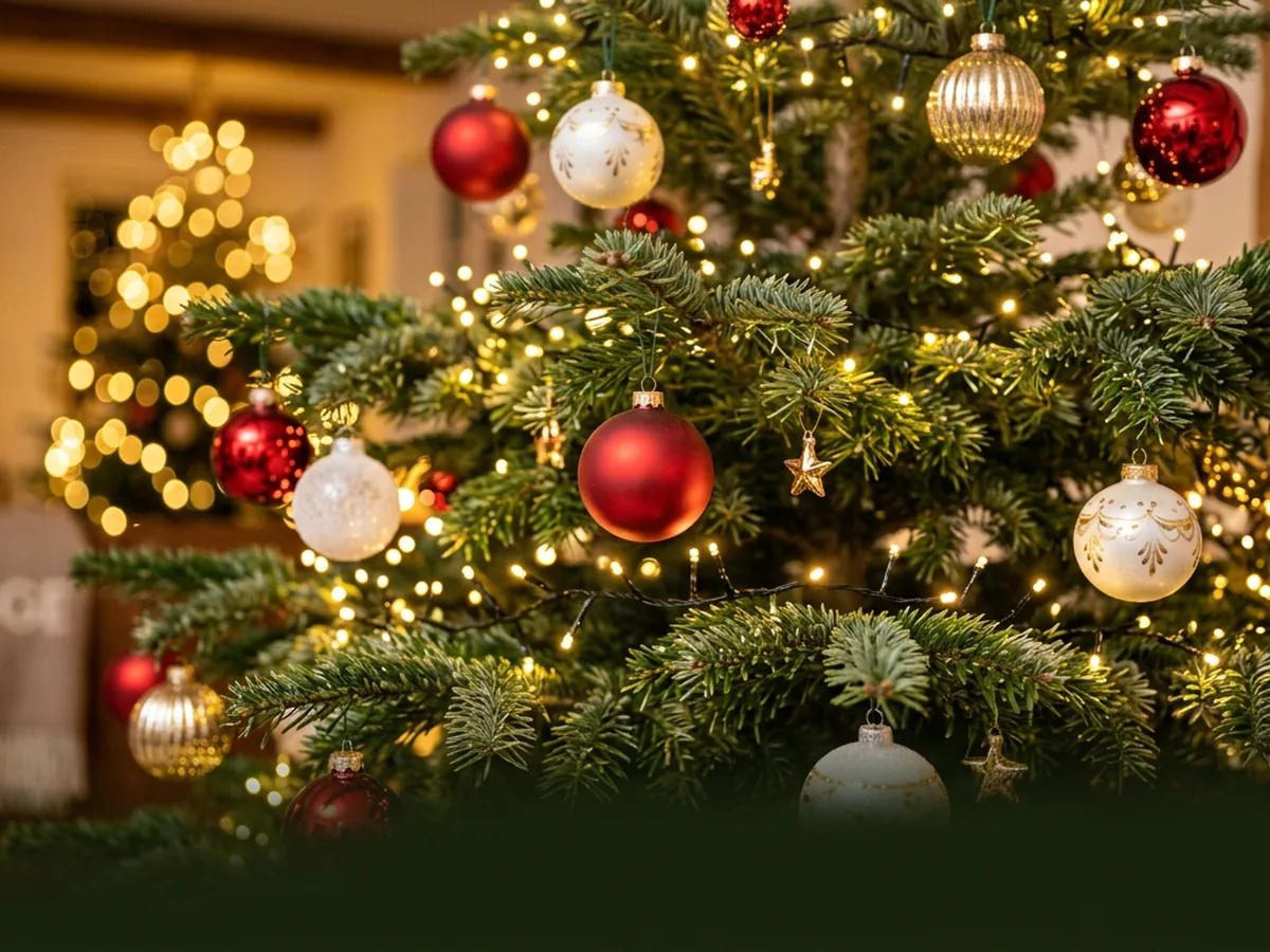 Grene på et pyntet juletræ med julekugler og lys