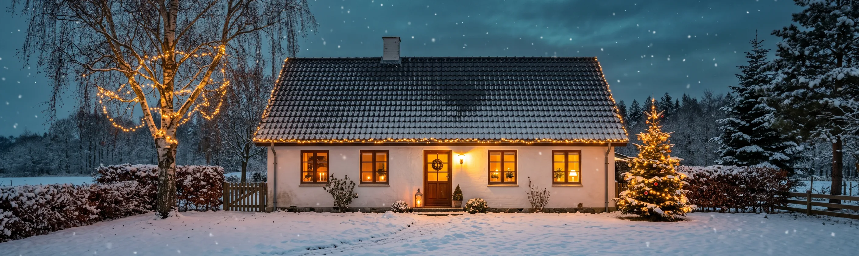 Hvidt dansk hus med julebelysning og pyntet juletræ i sneen