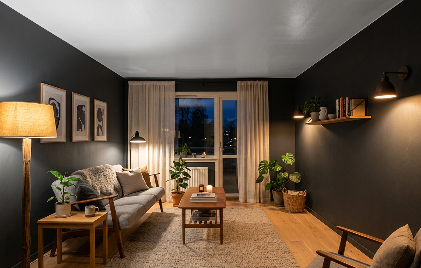 Stue med mørke vægge og hvidt loft, hvor belysningen kastes tilbage af loftet