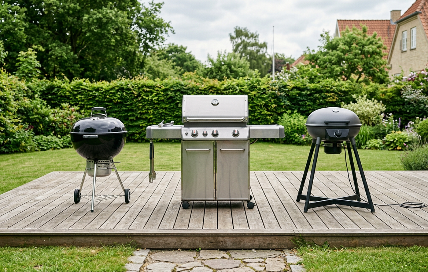 Kulgrill, gasgrill og elgrill opstillet side om side på en terrasse