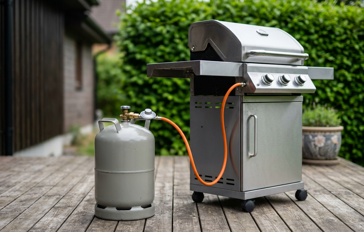 Gasflaske og orange gasslange ved siden af en gasgrill på en terrasse