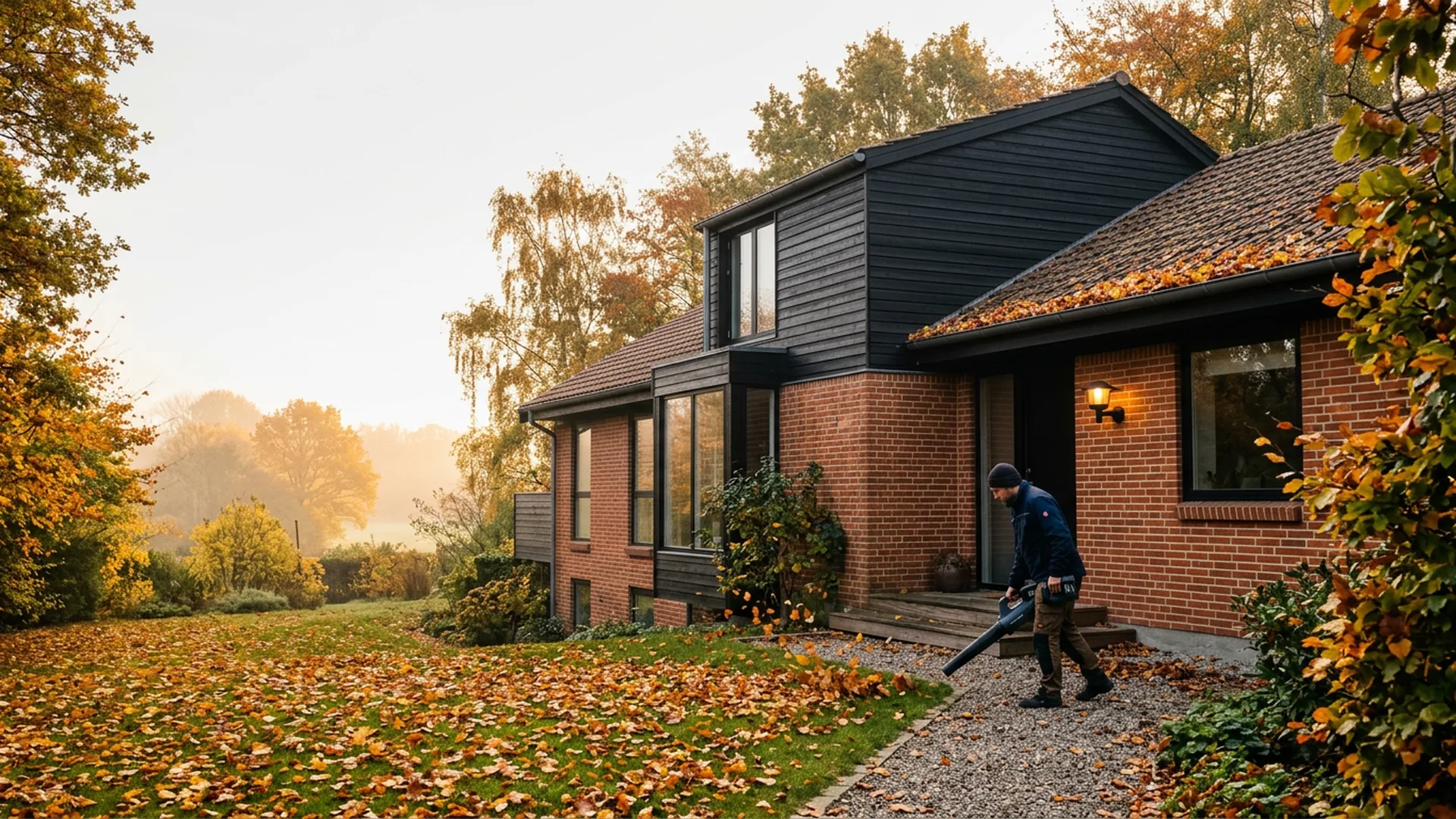 Mand med løvblæser i efterårshave ved et hus