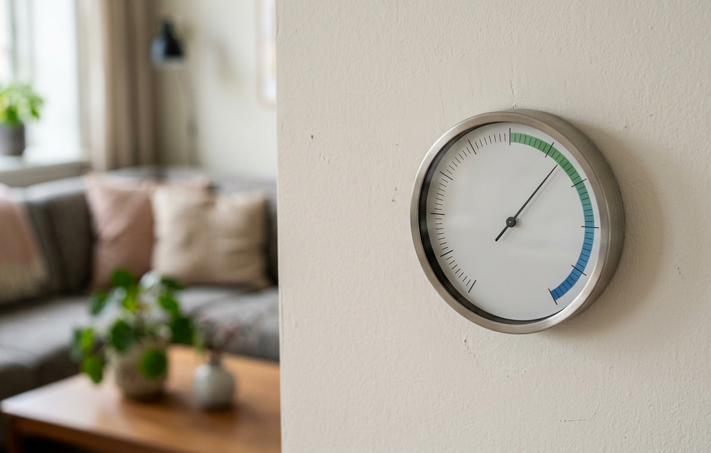 Hygrometer på en væg i en dansk stue viser den relative luftfugtighed i boligen
