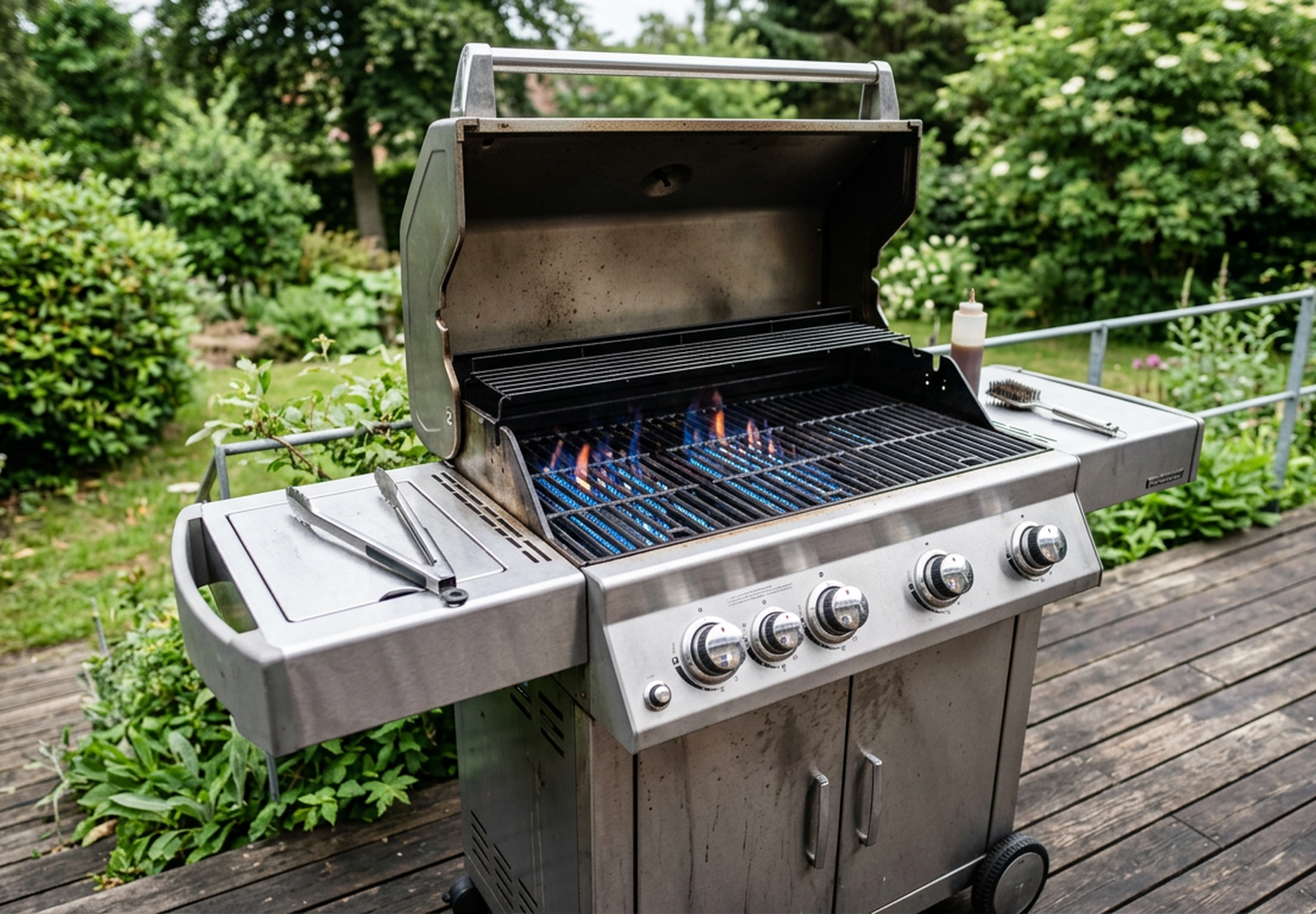 Gasgrill med åbent låg og tændte brændere på en terrasse