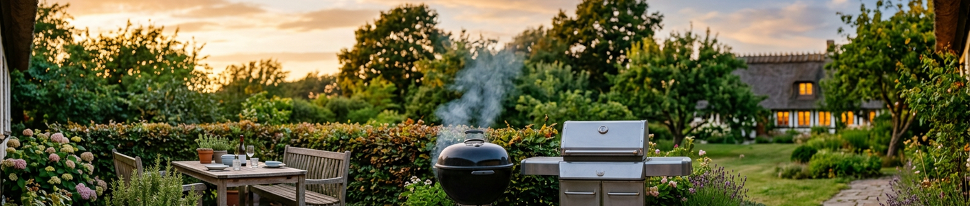 Kulgrill og gasgrill på en dansk terrasse i sen sommeraften