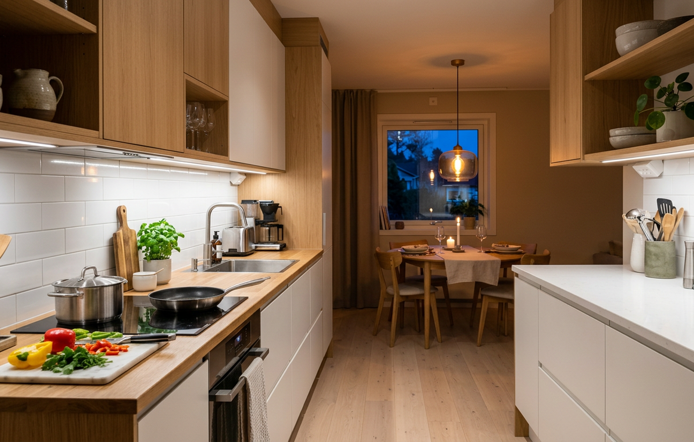 Køkken med arbejdsbelysning under overskabene og varmere pendelbelysning over spisebordet