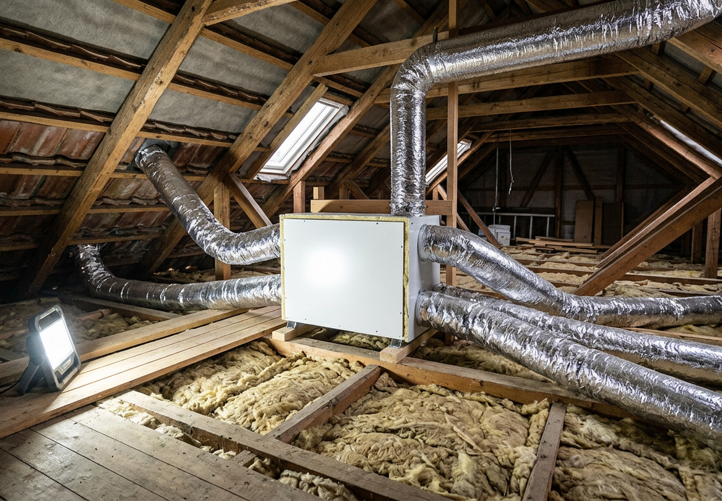 Ventilationsanlæg med varmegenvinding monteret på loftet i et dansk parcelhus