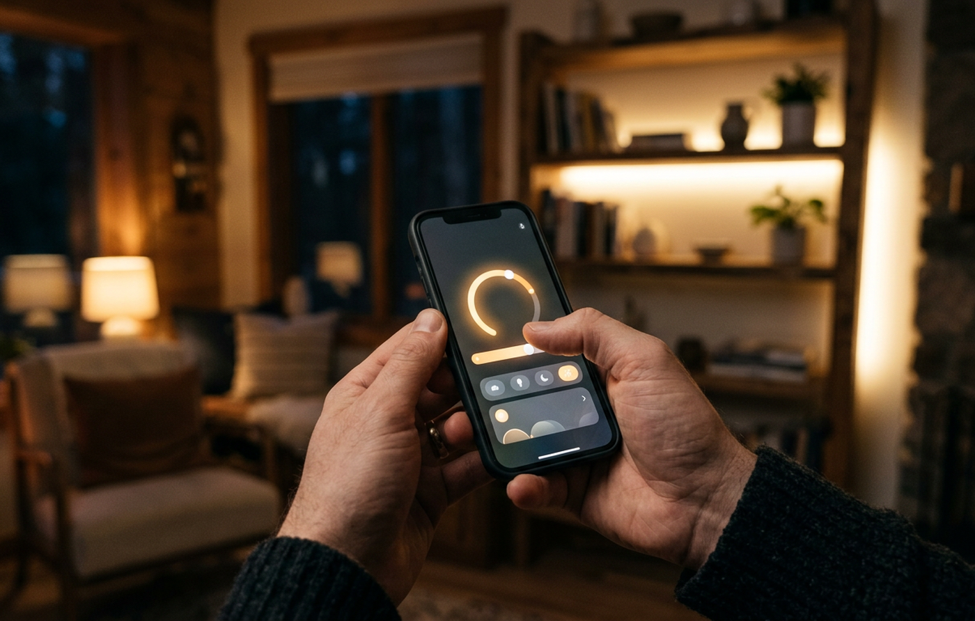 Smart belysning styres fra en app på mobilen i en stue med dæmpet lys