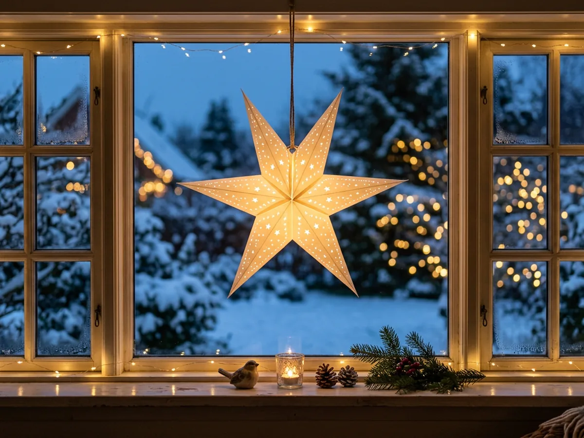 Adventsstjerne og lyskæde i vinduet